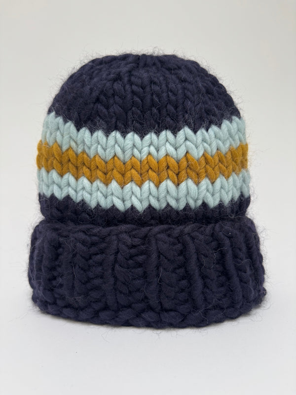 Big Wool Hat- Navy/ Light Blue and Gold stripe