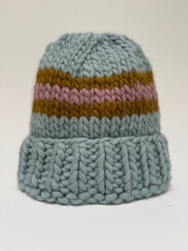 Big Wool Hat - Robin Blue/ Gold and Pink Stripe