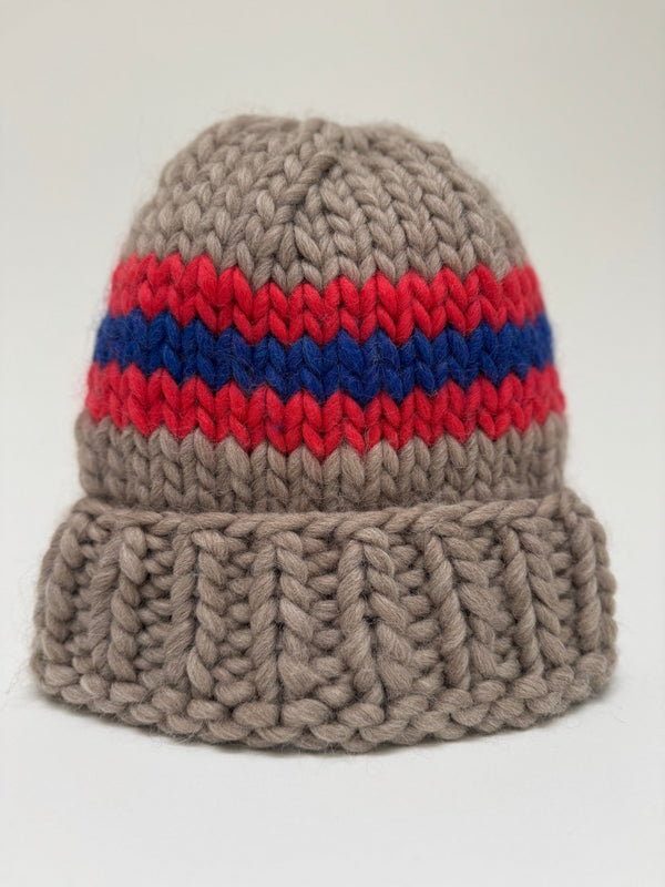 Big Wool Hat - Grey/ Red and Blue stripe