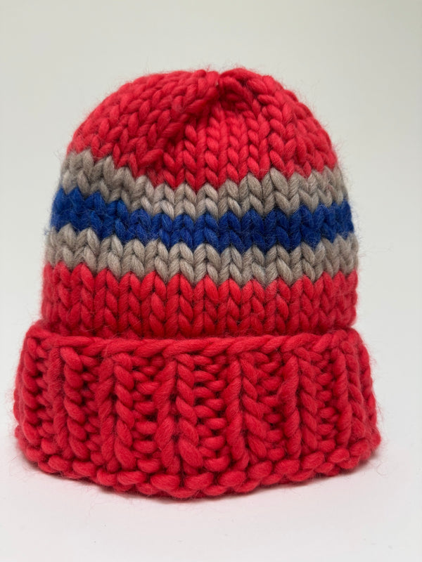 Big Wool Hat- Bright Red/ Grey and Blue Stripe