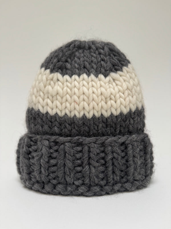 Big Wool Hat- Grey / Cream wide stripe