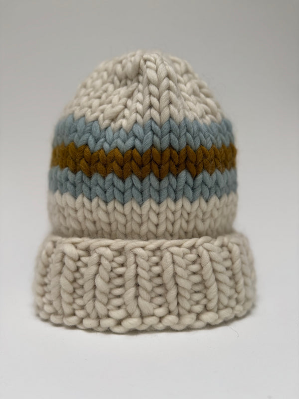 Big Wool Hat- White / Robin Blue and Gold Stripe