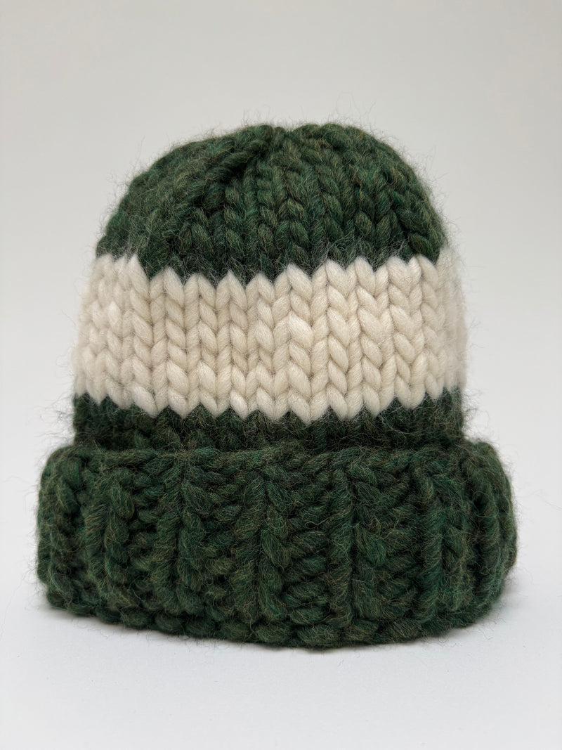 Big wool hat- forest green / wide cream stripe