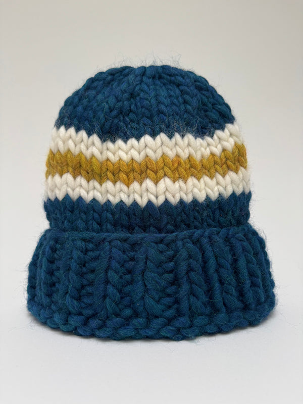 Big wool hat- Teal/ Gold and Cream stripe