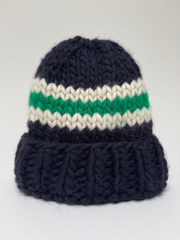 Big Wool Hat - Navy / Bright Green and Cream stripe