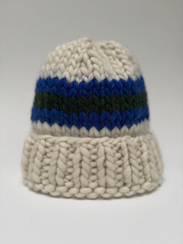 Big Wool Hat - Cream / Blue and Green Stripe