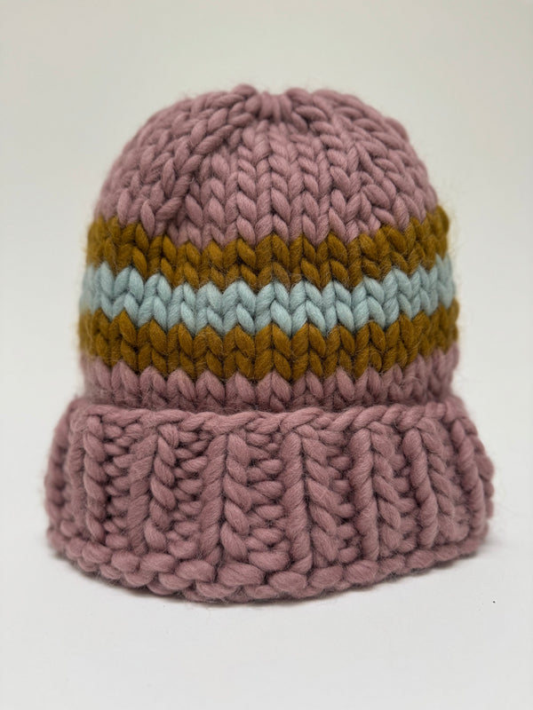 Big Wool Hat - Pink / Gold and Light Blue stripe