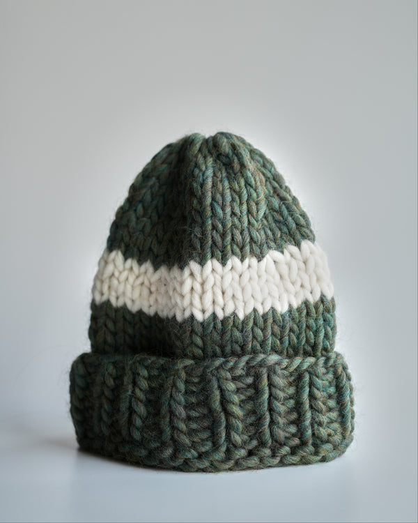 Big Wool Hat - Forest Green/ Cream stripe